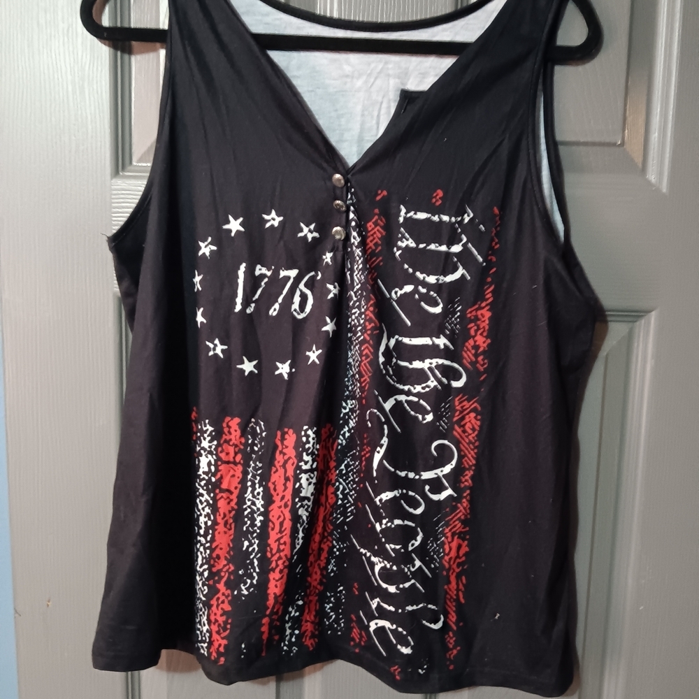Black Sleeveless Graphic Tank Top  Red and White Flag Print We The People 1776